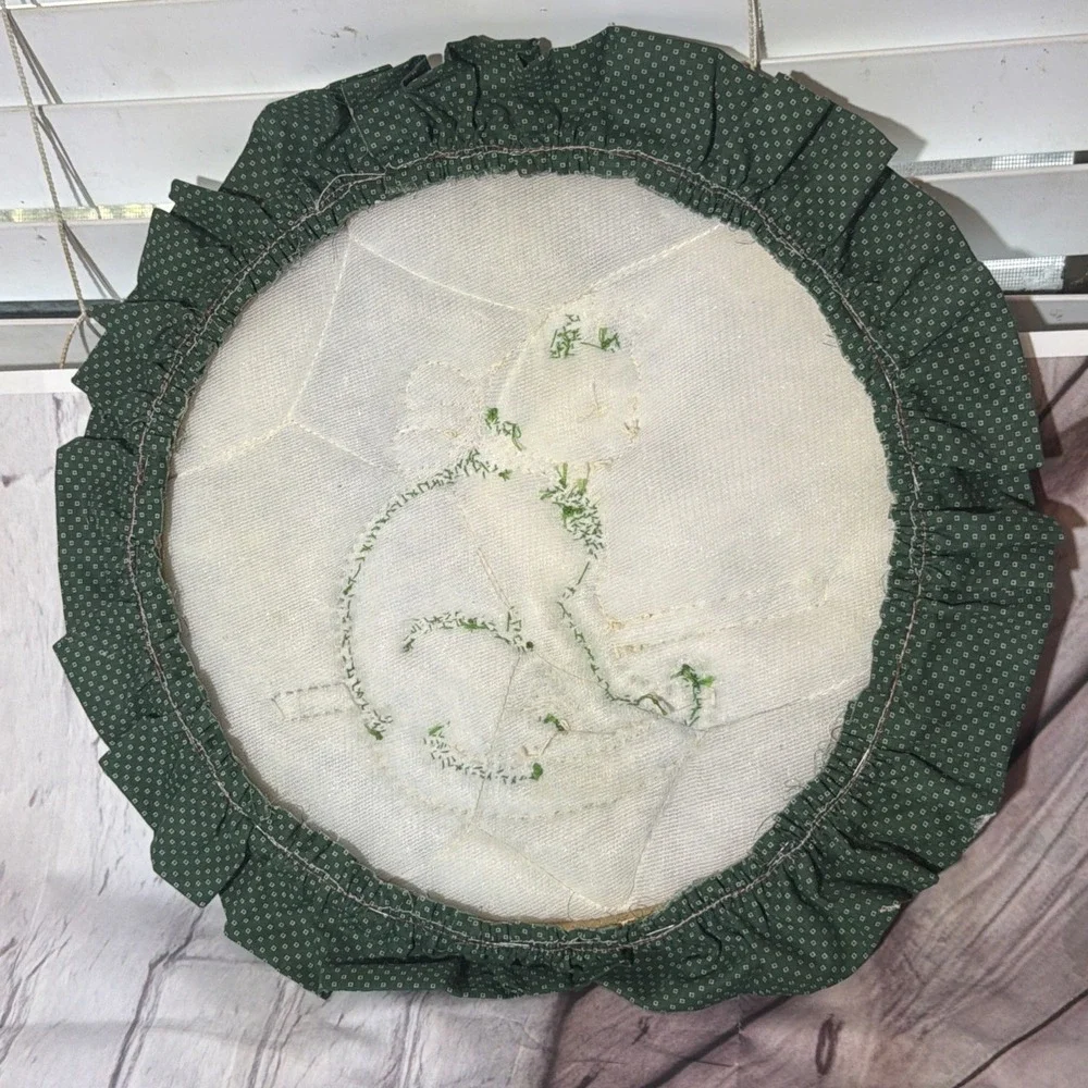 Vintage Fabric Quilted Embroidery Hoop Art Wall Decor Cat Decor Lace Ruffle